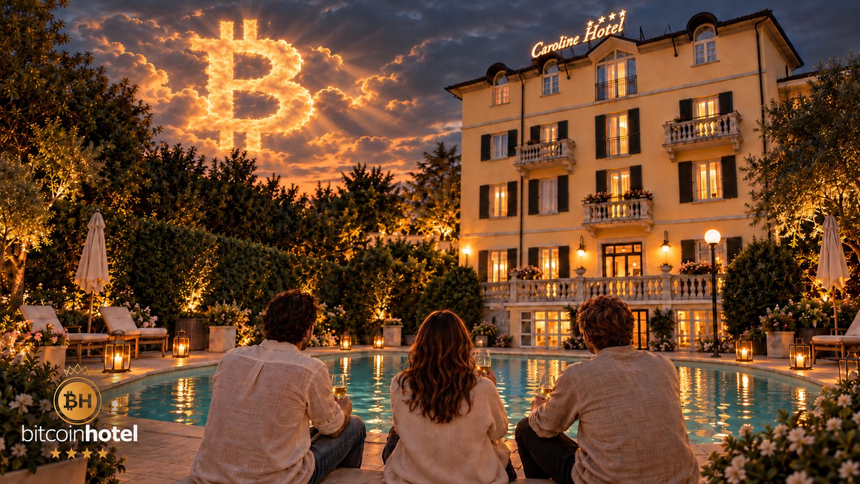 The house at dusk: guests by the lit pool, a glowing ₿ in the clouds above the facade.